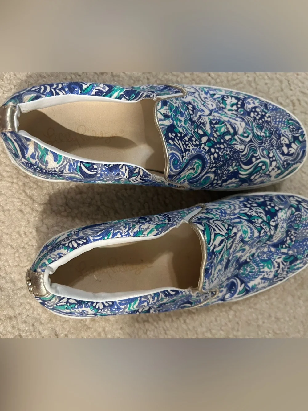 Lilly Pulitzer Blue White Teal Patterned Slip-On Sneakers